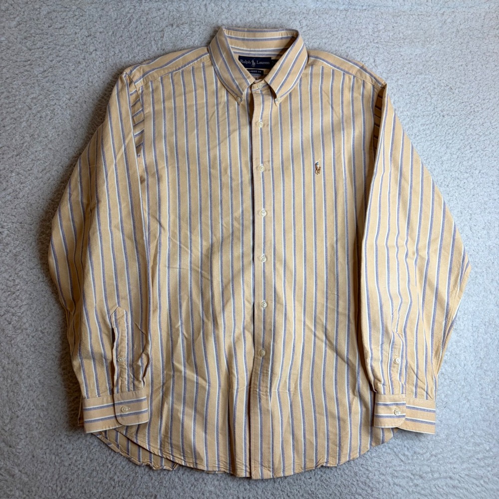 Ralph Lauren Mens XL Classic Fit Vertical Striped Oxford Button Down Yellow Blue